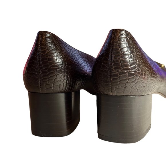 Salvador Ferragamo Brown Crocodile Print Horsebit Slip On Heels 9B - Picture 10 of 15